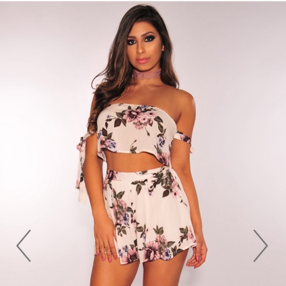 Off White Floral Tie Up Off Shoulder Two Piece Set